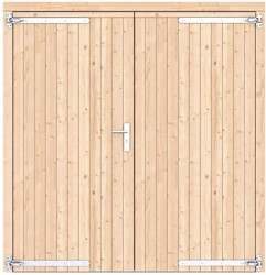 Dubbele deur, extra breed,  dicht, afm. 201x 209 cm. - Vuren onbehandeld - rvs