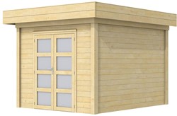 Blokhut Bosuil, afm. 303 x 303 cm, plat dak, houtdikte 28 mm. - kleurloos geïmpregneerd vuren