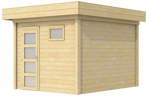 Blokhut Tapuit, afm. 303 x 303 cm, plat dak, houtdikte 28 mm.