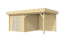 Blokhut Bosuil met luifel 300, afm. 596 x 303 cm, plat dak, houtdikte 28 mm. - onbehandeld (blank) vuren