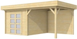Blokhut Bosuil met luifel 400, afm. 689 x 303 cm, plat dak, houtdikte 28 mm. - onbehandeld (blank) vuren