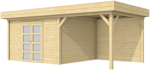 Blokhut Parelhoen met luifel 400, afm. 778 x 303 cm, plat dak, houtdikte 28 mm.