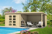 Blokhut Manuel, 600 x 275 cm, met dubbele deur, lessenaarsdak, houtdikte 28 mm, vuren