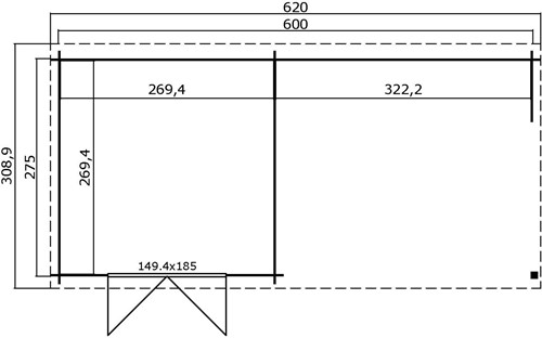 Blokhut Manuel, 600 x 275 cm, met dubbele deur, lessenaarsdak, houtdikte 28 mm, vuren-2