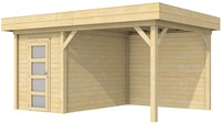Blokhut Kiekendief met luifel 400, afm. 586 x 303 cm, plat dak, houtdikte 28 mm.