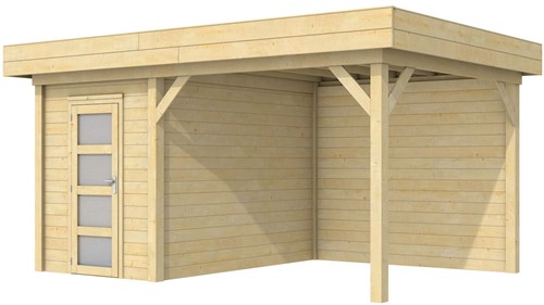 Blokhut Kiekendief met luifel 400, afm. 586 x 303 cm, plat dak, houtdikte 28 mm. - groen geïmpregneerd vuren