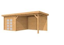 Douglas tuinhuis Roek met luifel 400 cm, afm. 686 x 303 cm, plat dak, houtdikte 28 mm.  - onbehandeld (blank) douglas