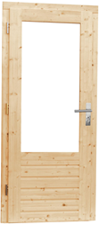 Vuren enkele opdekdeur incl. kozijn, 1-ruits met dubbelglas, afm. 90 x 201 cm. - linksdraaiend - onbehandeld (blank) vuren