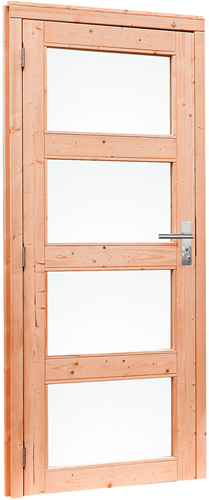 Douglas enkele deur incl. kozijn, 4-ruits met melkglas, afm. 90 x 201 cm. - rechtsdraaiend - onbehandeld (blank) douglas