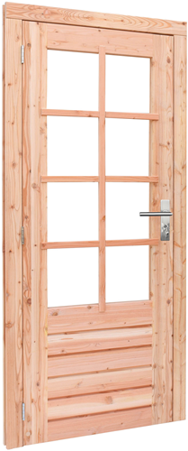 Douglas enkele deur incl. kozijn, 8-ruits helder, afm. 90 x 201 cm. - rechtsdraaiend - onbehandeld (blank) douglas