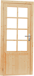 Vuren enkele deur incl. kozijn, 8-ruits met glas, afm. 90 x 201 cm. - linksdraaiend - onbehandeld (blank) vuren