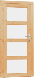 Vuren enkele deur incl. kozijn, 4-ruits met melkglas, afm. 90 x 201 cm. - rechtsdraaiend - onbehandeld (blank) vuren