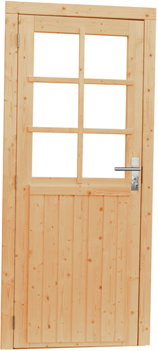 Vuren enkele deur incl. kozijn, 6-ruits met glas, afm. 90 x 201 cm. - rechtsdraaiend - onbehandeld (blank) vuren