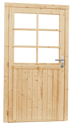 Vuren enkele deur incl. kozijn, 6-ruits met glas, extra breed,  afm. 112 x 201 cm. - linksdraaiend - onbehandeld (blank) vuren