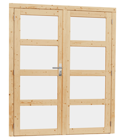 Vuren dubbele deur incl. kozijn, 4-ruits met melkglas, afm. 168 x 201 cm. - onbehandeld (blank) vuren