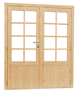 Vuren dubbele deur incl. kozijn, 8-ruits met glas, afm. 168 x 201 cm. - onbehandeld (blank) vuren