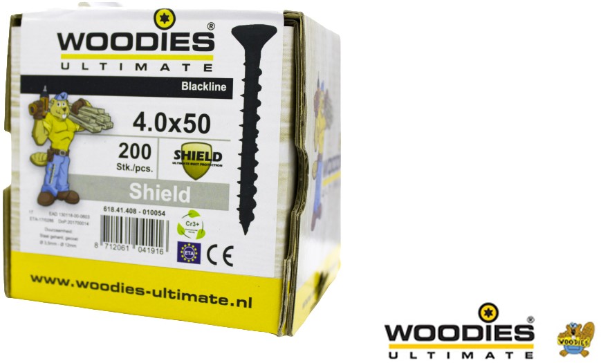 Woodies Ultimate outdoor blackline potdekselschroef, afm. 4.0x50/30 mm, zwart, doos 200 bij Buitengoed