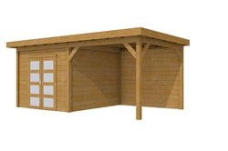 Douglas tuinhuis Roek met luifel 300 cm, afm. 584 x 289 cm, plat dak, houtdikte 28 mm.  - groen geïmpregneerd