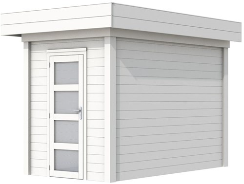 Blokhut Kiekendief, afm. 203 x 303 cm. plat dak, houtdikte 28 mm. - wit gespoten vuren
