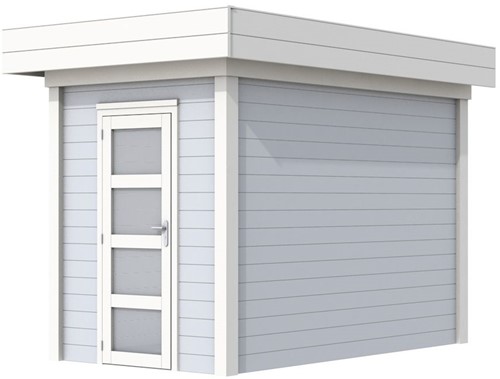 Blokhut Kiekendief, afm. 203 x 303 cm. plat dak, houtdikte 28 mm. - basis en deur wit, wand grijs gespoten