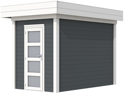 Blokhut Kiekendief, afm. 203 x 303 cm. plat dak, houtdikte 28 mm. - basis en deur wit, wand antraciet gespoten