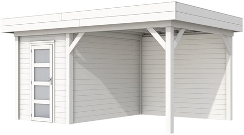 Blokhut Kiekendief met luifel 400, afm. 586 x 303 cm, plat dak, houtdikte 28 mm. - wit gespoten vuren