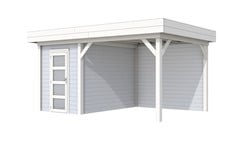 Blokhut Kiekendief met luifel 300, afm. 493 x 303 cm, plat dak, houtdikte 28 mm. - basis en deur wit, wand grijs gespoten