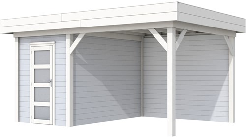 Blokhut Kiekendief met luifel 300, afm. 493 x 303 cm, plat dak, houtdikte 28 mm. - basis en deur wit, wand grijs gespoten