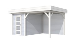 Blokhut Kiekendief met luifel 400, afm. 586 x 303 cm, plat dak, houtdikte 28 mm. - basis en deur wit, wand grijs gespoten