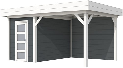 Blokhut Kiekendief met luifel 300, afm. 493 x 303 cm, plat dak, houtdikte 28 mm. - basis en deur wit, wand antraciet gespoten