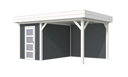 Blokhut Kiekendief met luifel 400, afm. 586 x 303 cm, plat dak, houtdikte 28 mm. - basis en deur wit, wand antraciet gespoten