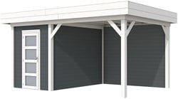 Blokhut Kiekendief met luifel 400, afm. 586 x 303 cm, plat dak, houtdikte 28 mm. - basis en deur wit, wand antraciet gespoten
