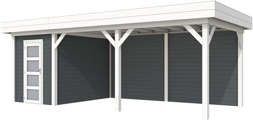 Blokhut Kiekendief met luifel 500, afm. 684 x 303 cm, plat dak, houtdikte 28 mm. - basis en deur wit, wand antraciet gespoten