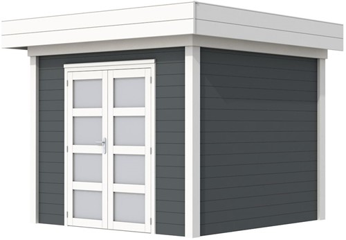 Blokhut Bonte Specht, afm. 303 x 253 cm, plat dak, houtdikte 28 mm. - basis en deur wit, wand antraciet gespoten