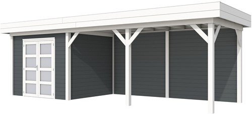 Blokhut Bonte Specht met luifel 500, afm. 787 x 253 cm, plat dak, houtdikte 28 mm - basis en deur wit, wand antraciet gespoten