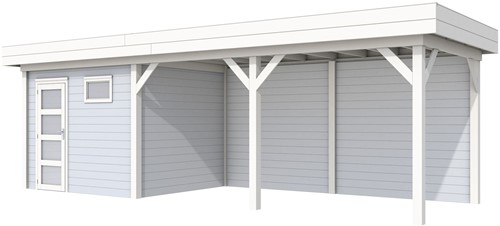 Blokhut Bonte Kraai met luifel 500, afm. 787 x 253 cm, plat dak, houtdikte 28 mm. - basis en deur wit, wand grijs gespoten