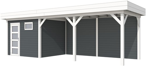 Blokhut Bonte Kraai met luifel 500, afm. 787 x 253 cm, plat dak, houtdikte 28 mm. - basis en deur wit, wand antraciet gespoten
