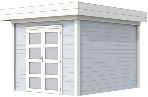 Blokhut Bosuil, afm. 303 x 303 cm, plat dak, houtdikte 28 mm. - basis en deur wit, wand grijs gespoten