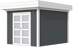 Blokhut Bosuil, afm. 303 x 303 cm, plat dak, houtdikte 28 mm. - basis en deur wit, wand antraciet gespoten