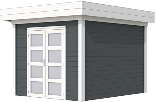 Blokhut Bosuil, afm. 303 x 303 cm, plat dak, houtdikte 28 mm. - basis en deur wit, wand antraciet gespoten