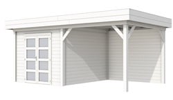 Blokhut Bosuil met luifel 400, afm. 689 x 303 cm, plat dak, houtdikte 28 mm. - wit gespoten vuren