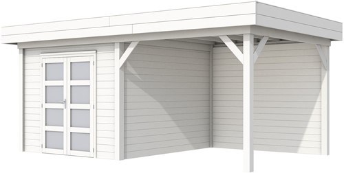 Blokhut Bosuil met luifel 400, afm. 689 x 303 cm, plat dak, houtdikte 28 mm. - wit gespoten vuren