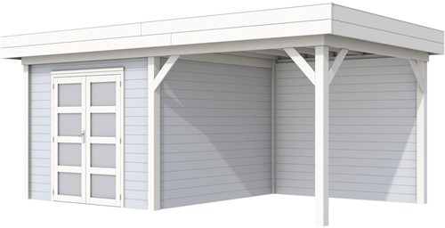 Blokhut Bosuil met luifel 300, afm. 596 x 303 cm, plat dak, houtdikte 28 mm. - basis en deur wit, wand grijs gespoten