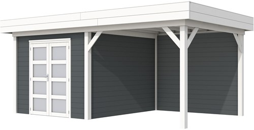Blokhut Bosuil met luifel 400, afm. 689 x 303 cm, plat dak, houtdikte 28 mm. - basis en deur wit, wand antraciet gespoten