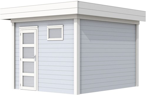 Blokhut Tapuit, afm. 303 x 303 cm, plat dak, houtdikte 28 mm. - basis en deur wit, wand grijs gespoten