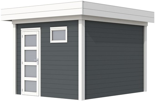 Blokhut Tapuit, afm. 303 x 303 cm, plat dak, houtdikte 28 mm. - basis en deur wit, wand antraciet gespoten