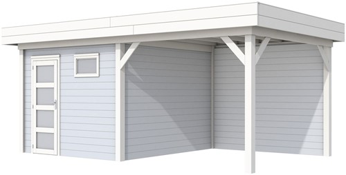Blokhut Tapuit met luifel 300, afm. 596 x 303  cm, plat dak, houtdikte 28 mm. - basis en deur wit, wand grijs gespoten