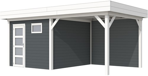 Blokhut Tapuit met luifel 300, afm. 596 x 303  cm, plat dak, houtdikte 28 mm. - basis en deur wit, wand antraciet gespoten