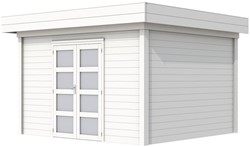 Blokhut Parelhoen, afm. 395 x 303 cm, plat dak, houtdikte 28 mm. - wit gespoten vuren