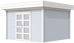 Blokhut Parelhoen, afm. 395 x 303 cm, plat dak, houtdikte 28 mm. - basis en deur wit, wand grijs gespoten